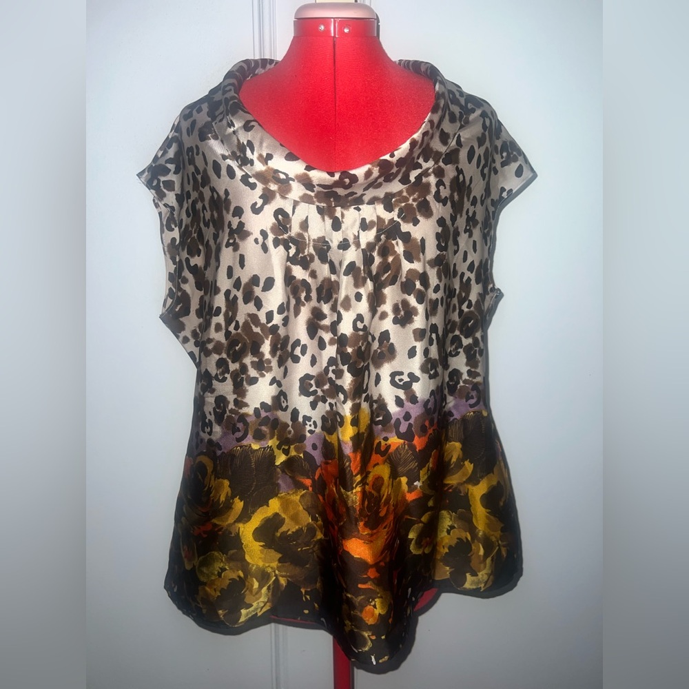 Charter Club Cheetah  Floral Sleeveless Cowl Neck Blouse size 16